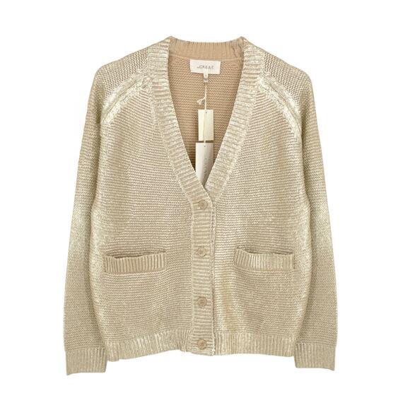 THE GREAT. The Varsity Cardigan Gold Shimmer 0|XS - Picture 1 of 11